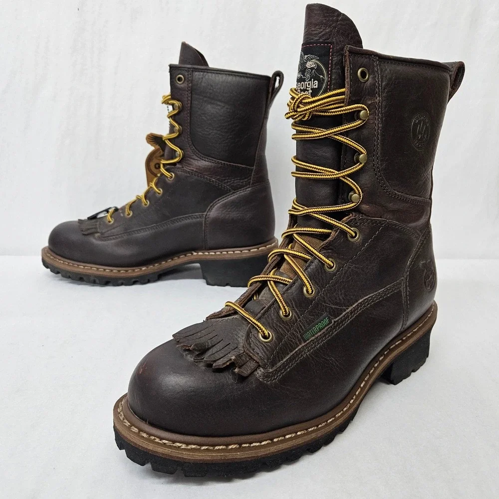 Georgia Boot Logger Work Boots Waterproof Steel Toe G7313 Brown Leather Mens 8.5